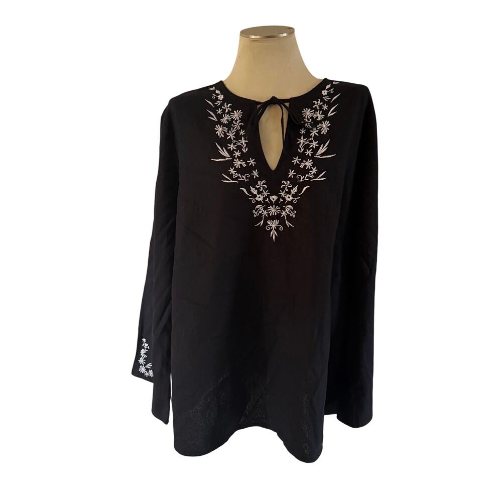 Black Linen White Floral Embroidered Blouse Plus Size 24W Loose Boho Vacation